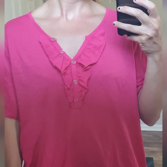 Karen Scott 3X Pink Ruffled Short Sleeve V-Neck Top - Picture 6 of 8